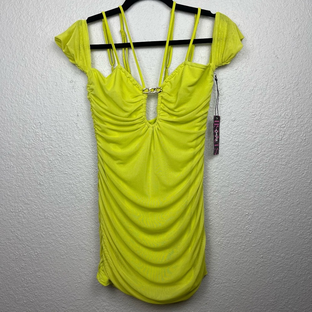 Ego x Stassie Chartreuse Ruched Mini Dress NWT